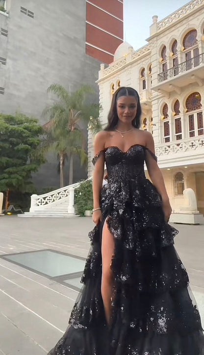 Robe de bal scintillante à épaules dénudées et fente en dentelle pour adolescentes, robe de soirée longue à sequins N791