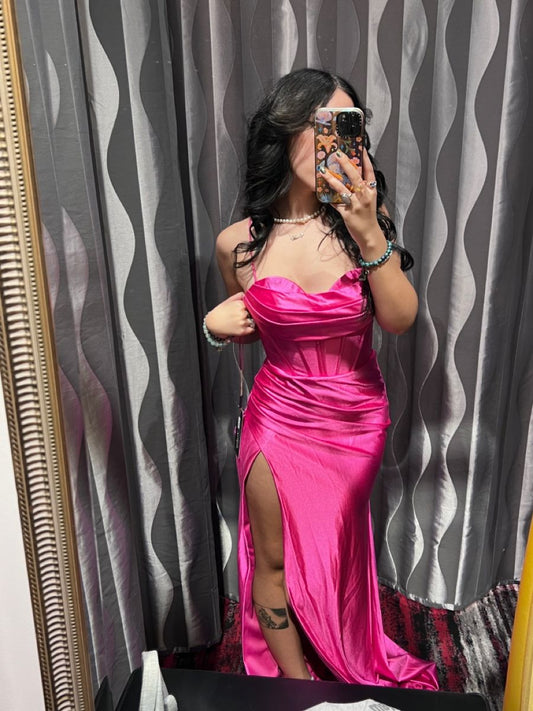 Robe de bal sirène modeste pour femme, bretelles spaghetti, robe de soirée en satin rose fuchsia fendue sur la jambe, robe de cérémonie, robe d'anniversaire pour les 18 ans AB777
