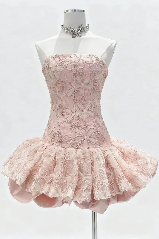 Pretty Ball Gown Drop Waist Strapless Lace Pink For Teens Women Party Dress Short Mini 23rd Birthday Dresses Hoco Outfit RB3642