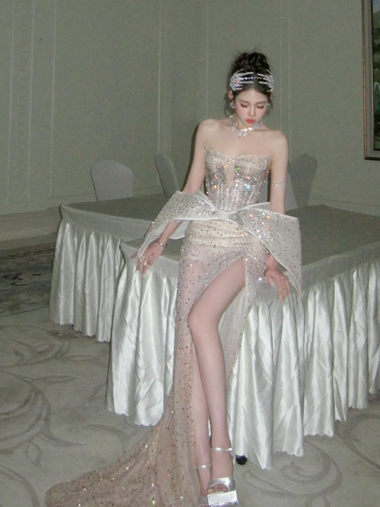 Sparkly Mermaid Sweetheart Champagne Slit Prom Dress Aesthetic Long Graduation Evening Outfits N079