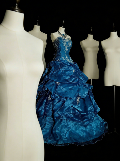 Vintage Ballkleid mit Herzausschnitt, blauer Organza mit Rüschen, Sweet 16 Kleider, Quinceañera Kleid, lang, Vestidos De Fiesta N1462