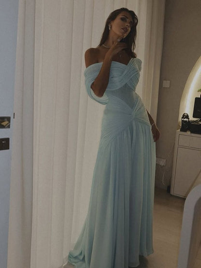 Sexy Meerjungfrauen-Abendkleid aus hellblauem Chiffon mit schulterfreiem Ausschnitt, langes Partykleid AB2139
