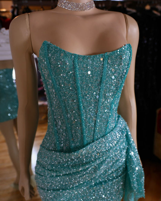 Sparkly Sheath Tight Bodycon Strapless Blue With Ruffled Mini Short Inspo Hoco Dress Ideas Homecoming Dresses RB4105