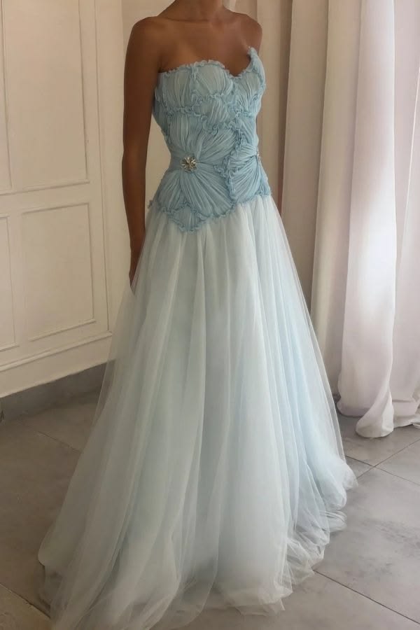Elegant A line Sweetheart Blue Tulle With Ruffles Perfection-Formal Goals Nigh Evening Long Prom Dress Party Outfits RB6743