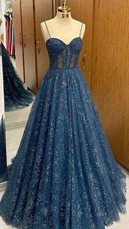 Elegant Spaghetti Strap Sleeveless A-line Tulle Long Prom Dresses Online Prom Gown AB912