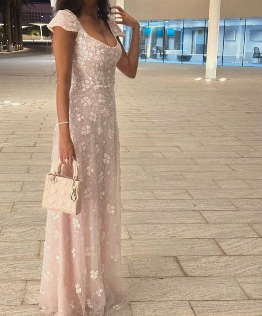 Elegant A line Floral Pattern Backless Short Sleeve Prom Dress Formal Dresses AB920