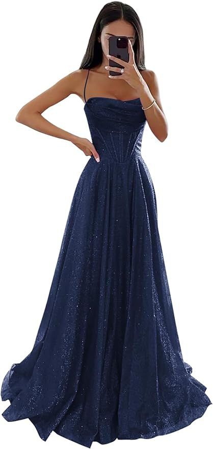 Sexy A line Spaghetti Straps Navy Blue Tulle Long Evening Prom Dresses AB915