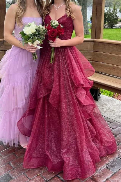 Ball Gown Spaghetti Straps Ruffled Long Prom Dress Burgundy Prom Dresses Birthday Gowns AB933