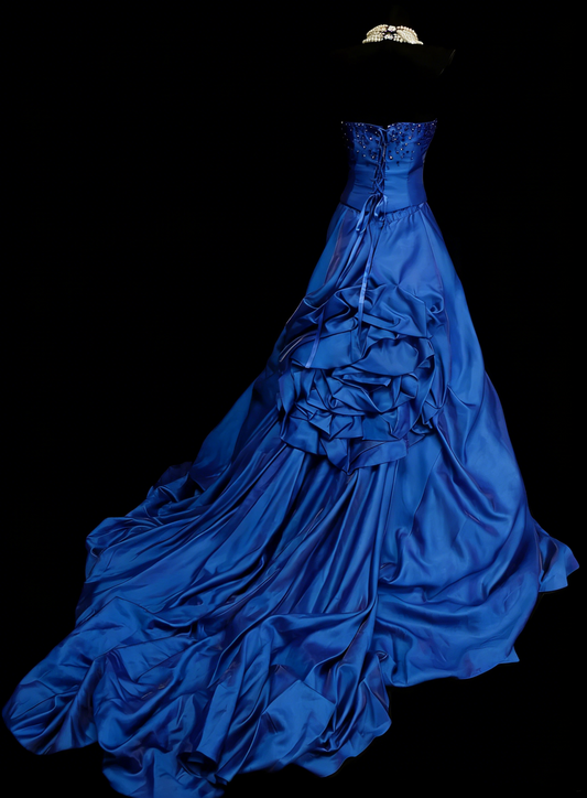 Vintage Ball Gown Strapless Royal Blue Satin With Ruffles 3D Flowers Sweet 16 Dresses Quinceanera Dress Long 15 Vestidos De Fiesta N1454