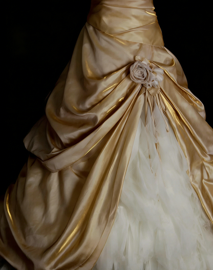 Vintage Ballkleid, trägerlos, goldfarben, Sweet 16, Quinceañera-Kleid mit 3D-Blumen, lang, Vestidos De Fiesta N1316