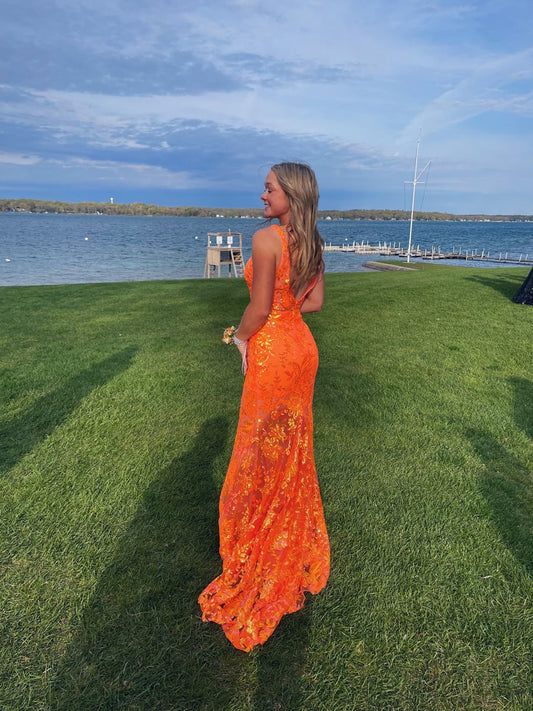 Modest Mermaid V Neck Orange Sequin Prom Dresses Inspo For Teens Formal Dress Party Outfits Prom Gowns AB072