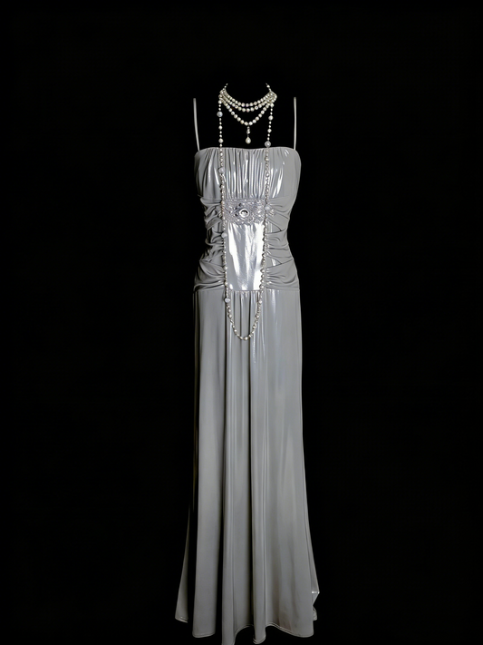 Simple A Line Spaghetti Strap Grey Senior 80s Prom Dresses High School Long Formal Dress N1334