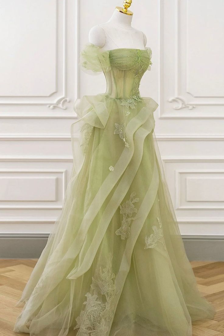 Robe de bal élégante en tulle et dentelle vert sauge, épaules dénudées, longue, robe de soirée, AB327
