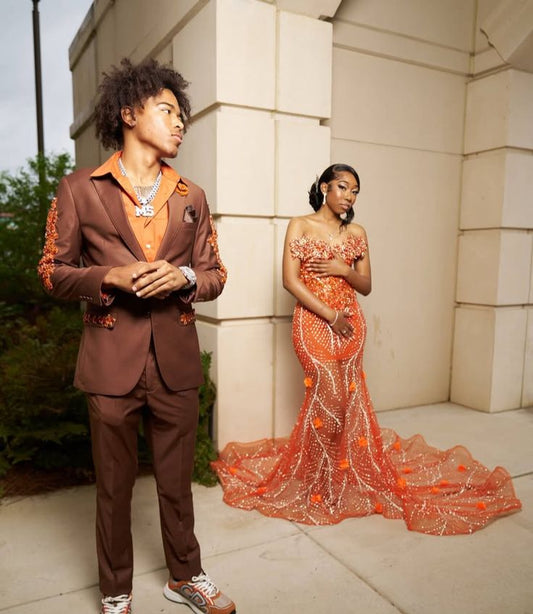 Robe de bal de fin d'année modeste pour lycéennes - Inspiration sirène - Robe longue semi-formelle à sequins orange à décolleté cœur pour adolescentes AB2041