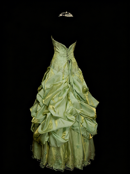Vintage Night Aesthetic Ball Gown Strapless Sage Green 90s 80s College Formal Outfit Long Prom Graduation Dresses For Teens N1159