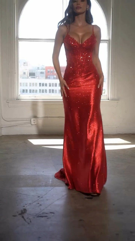 Fancy Mermaid Spaghetti Straps Red Lace Beaded Long Prom Dresses Formal Gown Inspo Evening Outfit AB756
