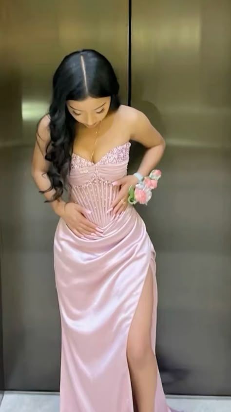 Robe de bal sirène rose à décolleté cœur et fente, inspiration pour adolescentes, tenue de soirée, robe de bal AB064