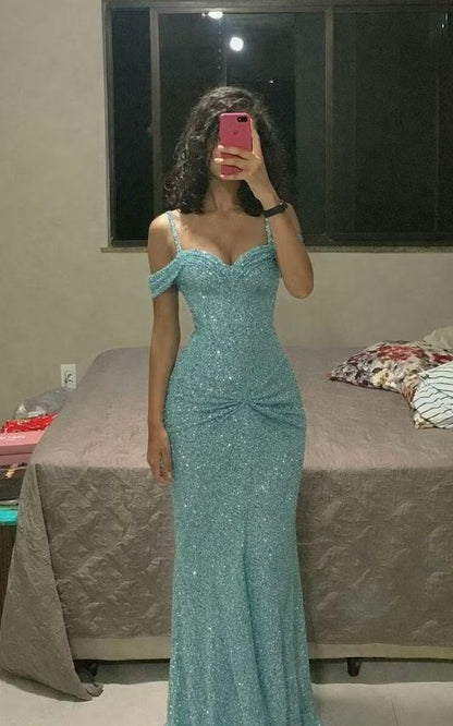 Glitzerndes, figurbetontes Kleid mit blauen Trägern und Pailletten, langes Ballkleid im Meerjungfrauen-Stil für Damen N4113