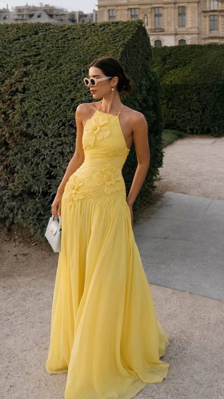 Robe de bal jaune élégante, coupe trapèze, dos nu, en mousseline plissée à volants, robe de soirée formelle AB416