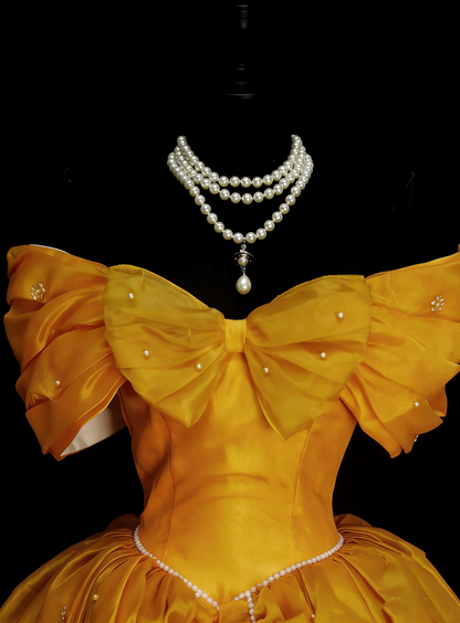Jolie robe de bal jaune en organza, épaules dénudées, robes de demoiselle d'honneur pour Quinceanera N2143