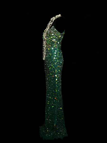 Vintage Mermaid Spaghetti Straps Green Sequin With Beads Bodice College Formal Outfit Long Prom Graduation Dresses For Teens N1305
