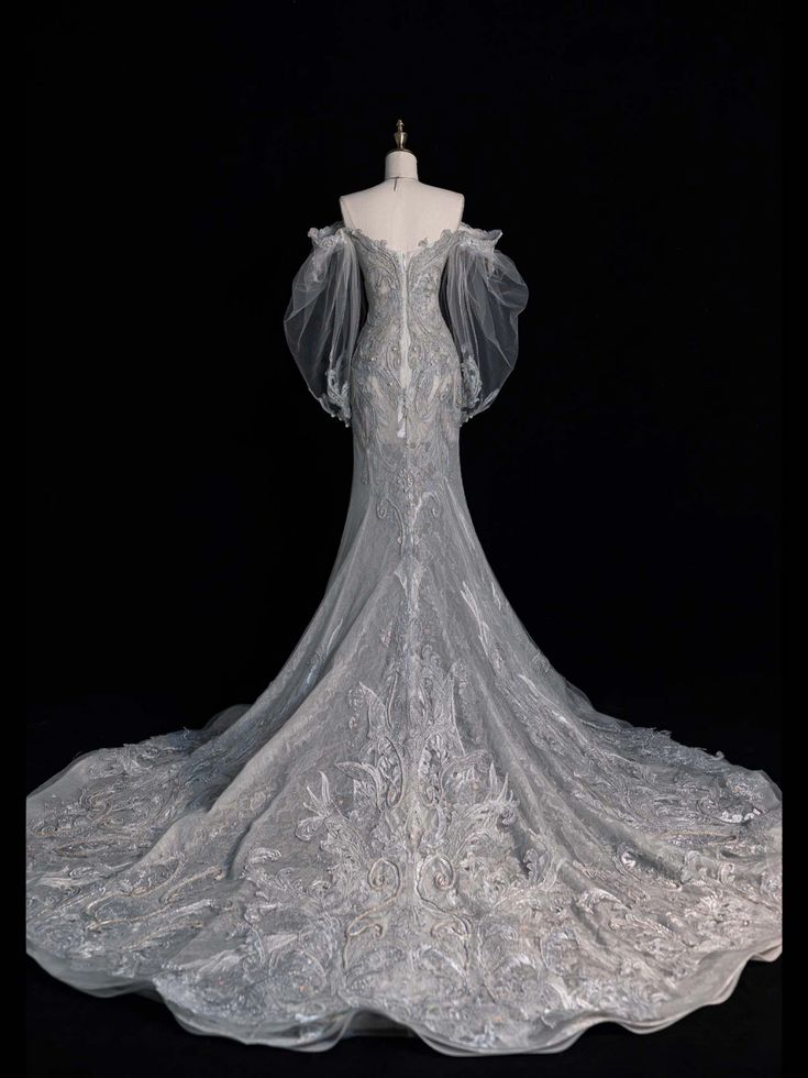 Robe de mariée sirène intemporelle pour femme, épaules dénudées, manches longues, gris argenté, dentelle et perles, modèle AC009