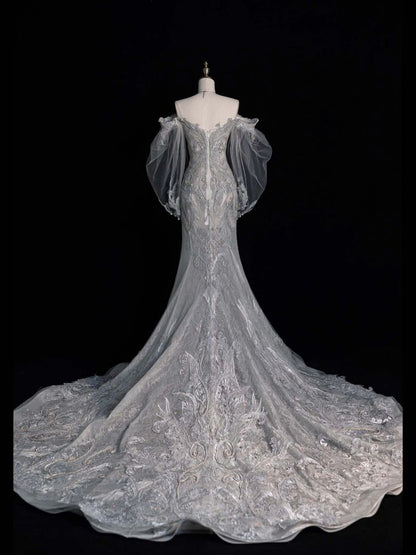 Robe de mariée sirène intemporelle pour femme, épaules dénudées, manches longues, gris argenté, dentelle et perles, modèle AC009