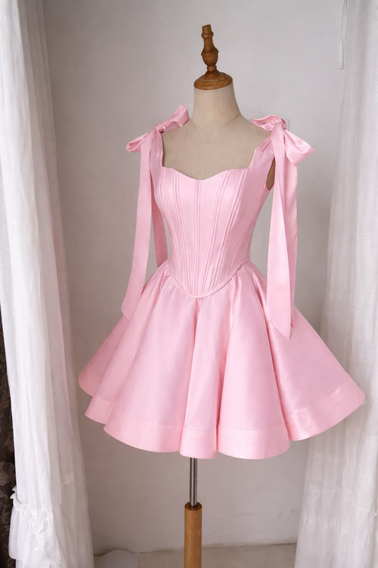 Cute Ball Gown Spaghetti Strap Pink With Bow-knot Short Mini Party Outfits Homecoming Dresses RB4239