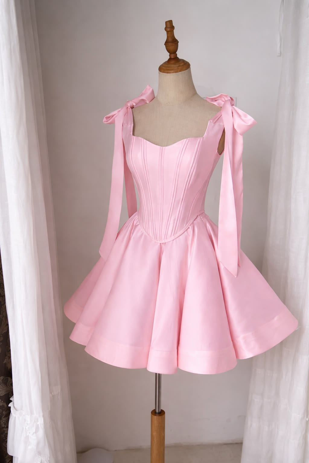 Robes de bal courtes et mini, rose, avec bretelles, nœud, satin, pour la 12ème année, esthétiques, pour un retour aux sources, RB4411