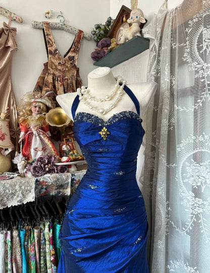 Vintage Neckholder Etuikleid, langes Ballkleid, perlenbesetztes Satinkleid, blaues Abendkleid, ärmelloses Geburtstagskleid N783