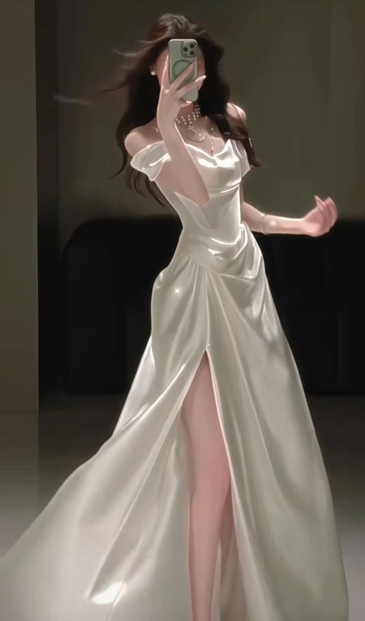 Modest Mermaid Off The Shoulder Fitted Corset White Slit Long Wedding Dress Bride Gowns Wedding Dresses AB065