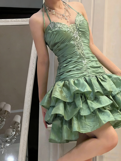 Vintage Sheath Halter Green Halter Drop Waist Hoco Gowns Short Birthday Dress Homecoming Dresses Hoco Gown N1201