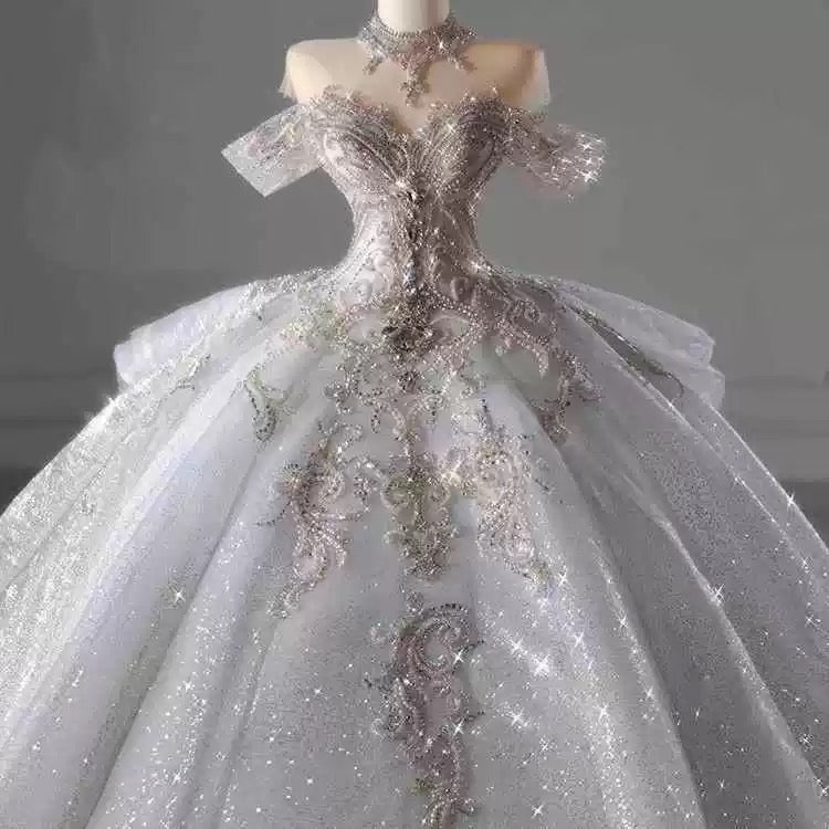 Robe de mariée longue à paillettes, épaules dénudées, manches courtes, blanche et argentée, avec perles, idée de robe de mariée DH2899