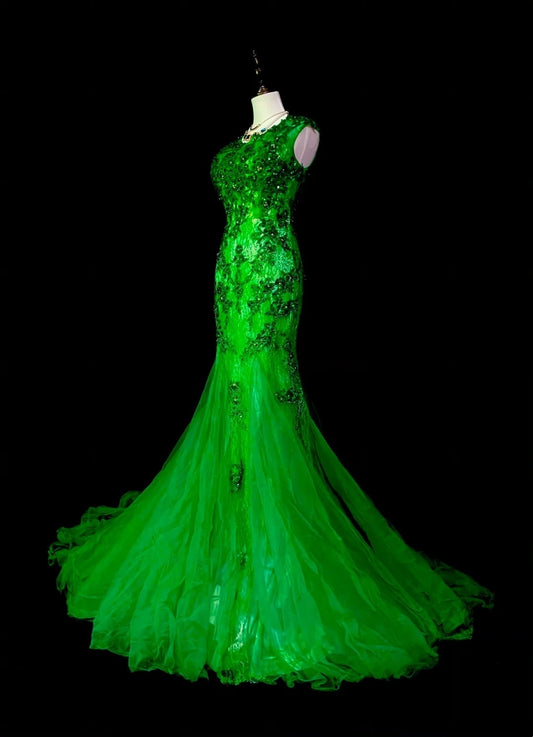 Vintage Mermaid Scoop Neck Green Lace Appliques Senior Prom Dresses High School Long Formal Dress N1292