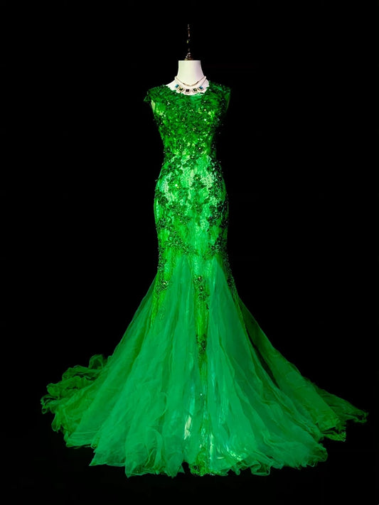 Vintage Mermaid Scoop Neck Green Lace Appliques Senior Prom Dresses High School Long Formal Dress N1292