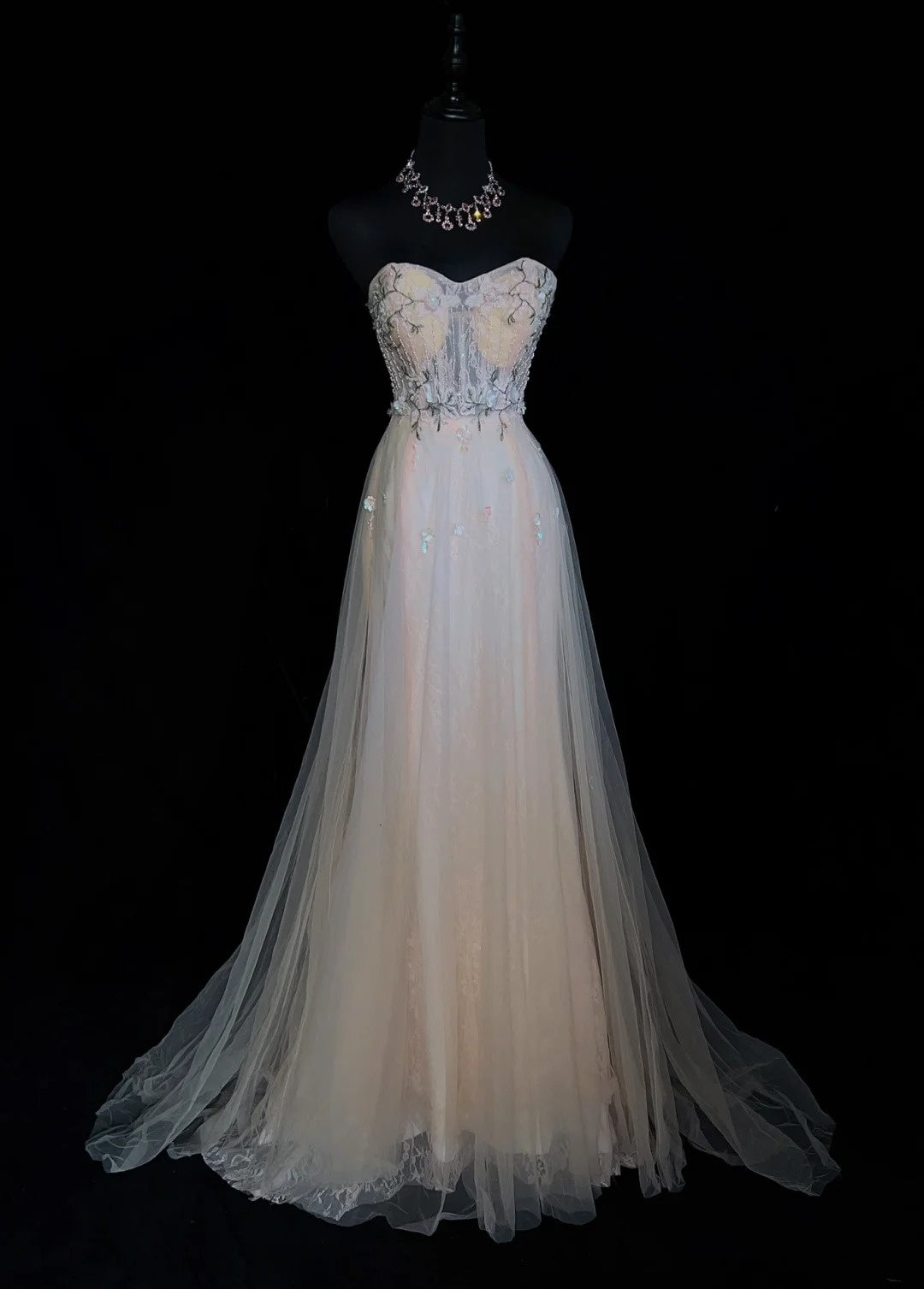 Belles robes de bal - Inspiration : Robe de soirée formelle pour femme en tulle rose et bleu clair, décolleté en cœur, sans manches, coupe trapèze N3183