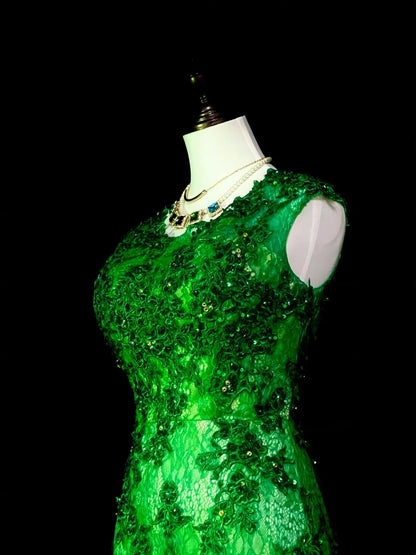 Vintage Mermaid Scoop Neck Green Lace Appliques Senior Prom Dresses High School Long Formal Dress N1292