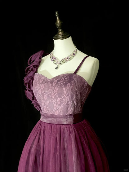 Vintage-Ballkleid, schulterfrei, lila Tüll, Inspiration für die 2000er Jahre, Homecoming-Kleider, kurze Inspiration, N1355
