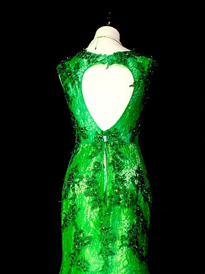 Vintage Mermaid Scoop Neck Green Lace Appliques Senior Prom Dresses High School Long Formal Dress N1292