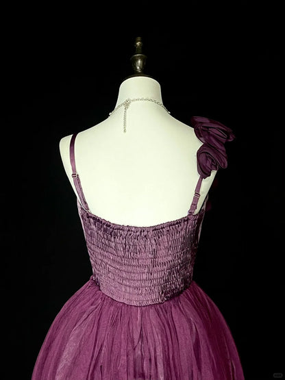 Vintage-Ballkleid, schulterfrei, lila Tüll, Inspiration für die 2000er Jahre, Homecoming-Kleider, kurze Inspiration, N1355