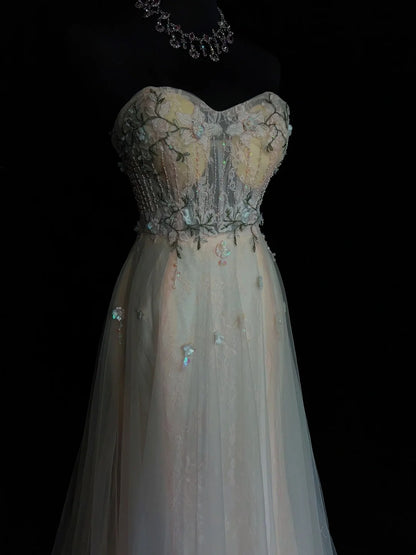 Belles robes de bal - Inspiration : Robe de soirée formelle pour femme en tulle rose et bleu clair, décolleté en cœur, sans manches, coupe trapèze N3183