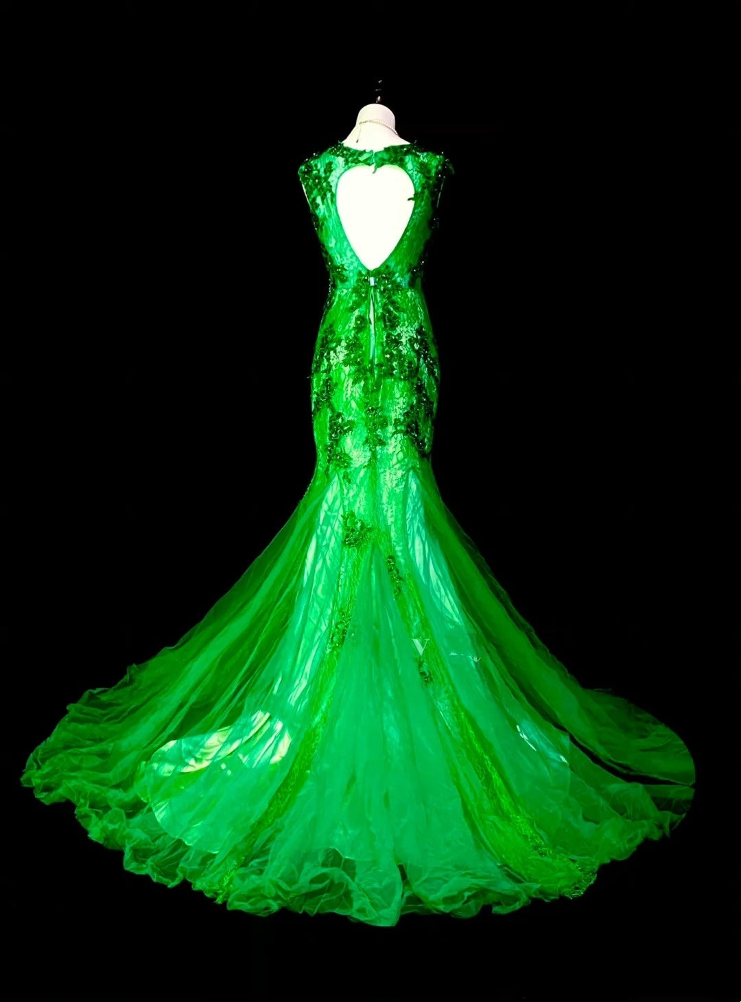 Vintage Mermaid Scoop Neck Green Lace Appliques Senior Prom Dresses High School Long Formal Dress N1292