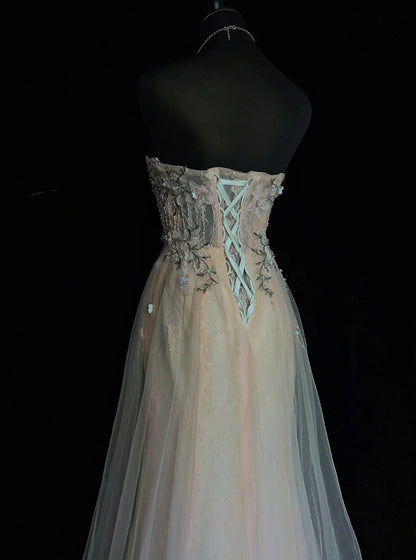 Belles robes de bal - Inspiration : Robe de soirée formelle pour femme en tulle rose et bleu clair, décolleté en cœur, sans manches, coupe trapèze N3183
