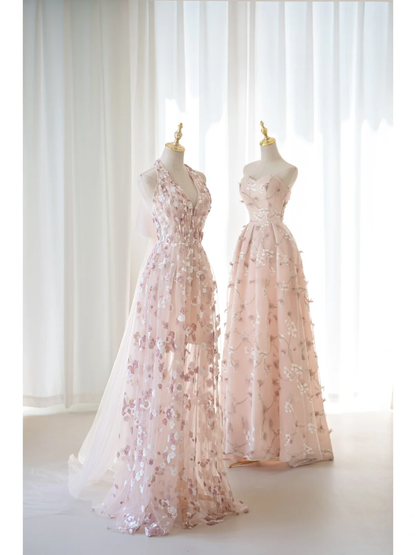 Cute A line Halter Floral Tulle Pink Long Prom Dresses Impress 19th Birthday Outfits Prom Gown AB1004