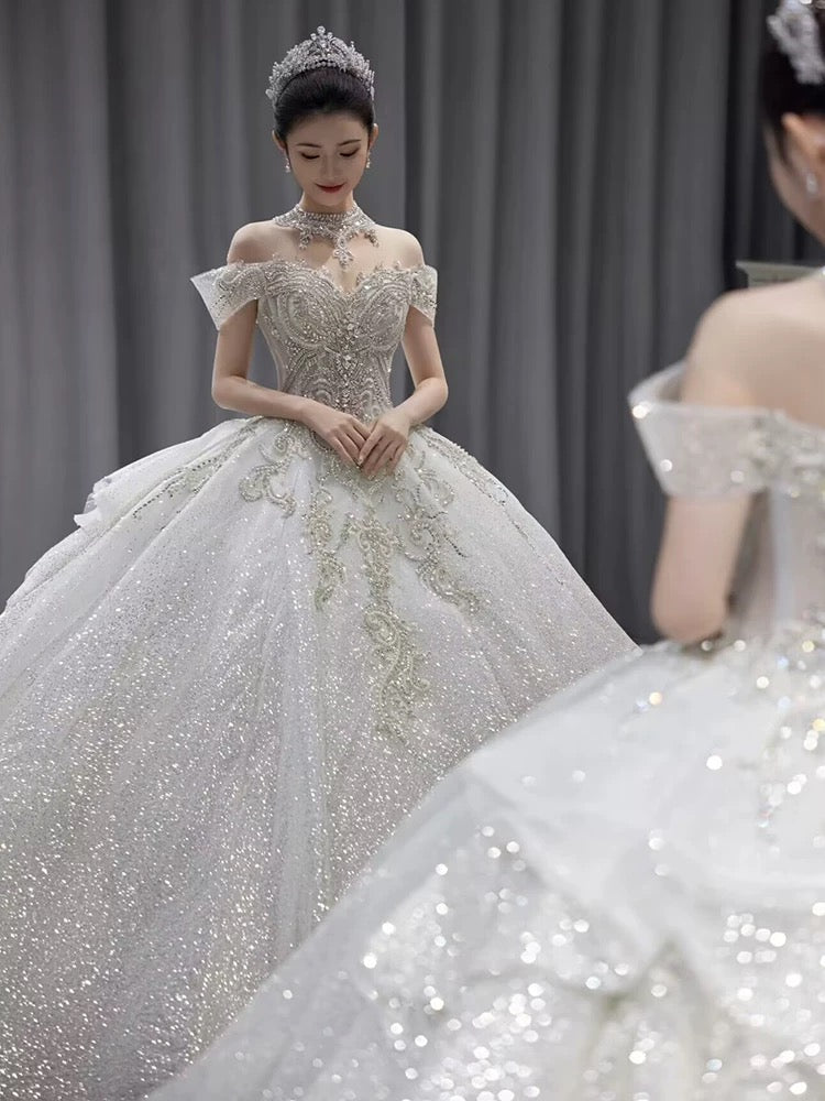 Robe de mariée longue à paillettes, épaules dénudées, manches courtes, blanche et argentée, avec perles, idée de robe de mariée DH2899