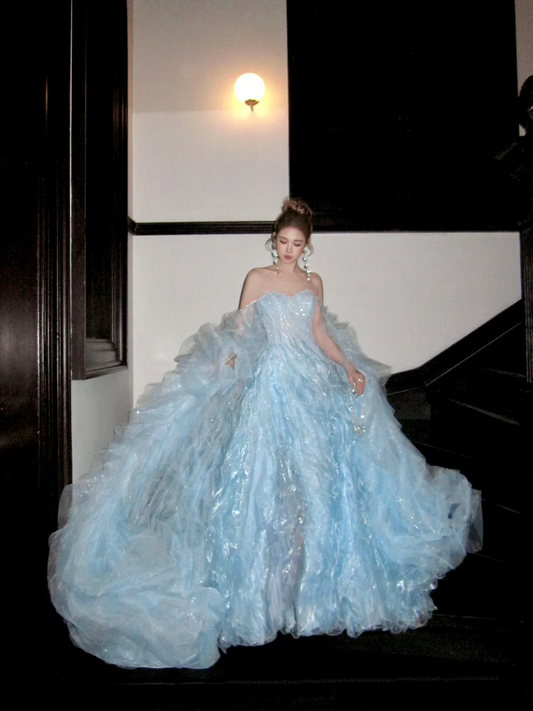 Modest Ball Gown Off The Shoulder Blue Organza With Long Cape Sleeves Tiered Layered Prom Dress Aesthetic Long Graduation Evening Outfits N054