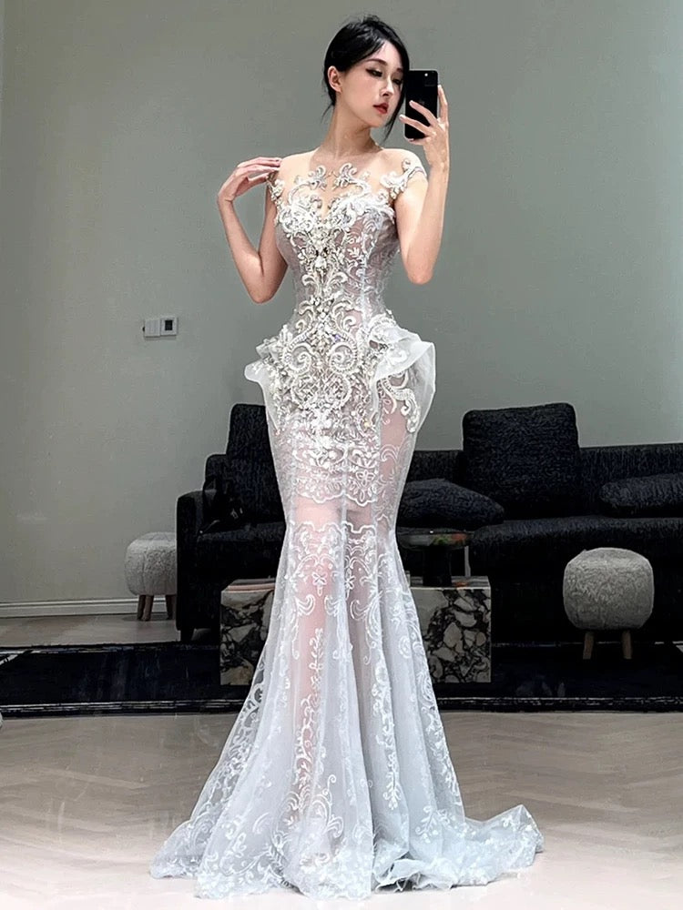 Robe de bal longue à paillettes argentées, décolleté en cœur, style sirène scintillante, tenue de soirée pour la remise des diplômes N038