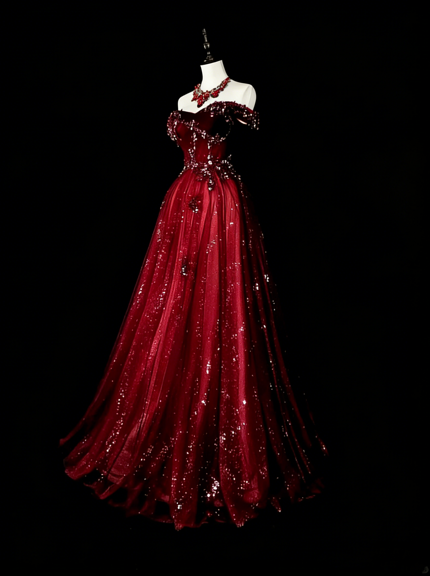 Robe de bal vintage style années 50, robe de bal rétro élégante à épaules dénudées bordeaux longue avec appliques N1995