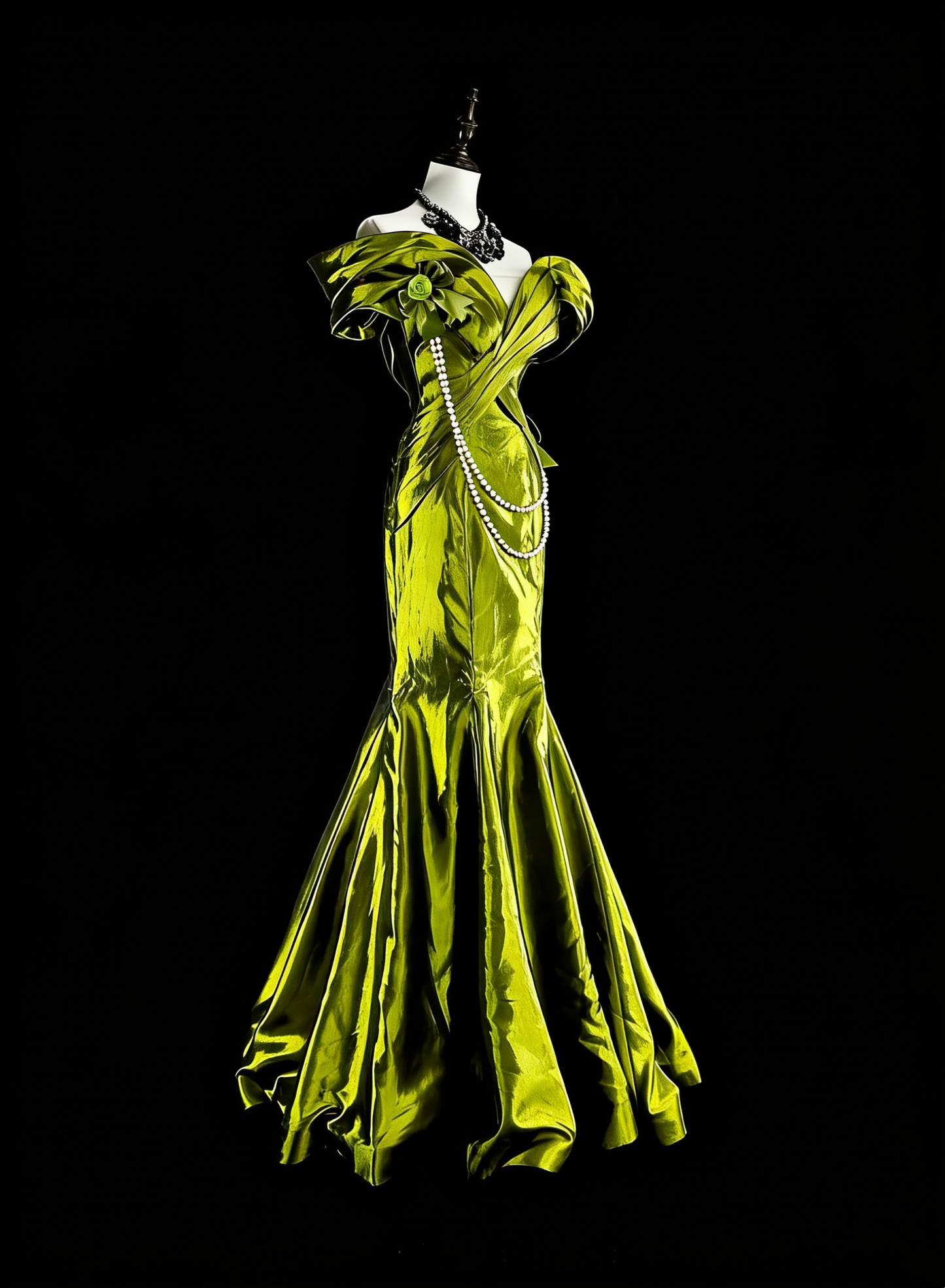 Robes de bal de rêve vintage années 90 rétro épaule dénudée vert olive satiné longues tenues de soirée N2366