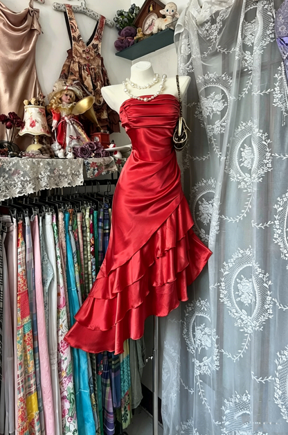Vintage Meerjungfrau Trägerlos Champagner Satin Mittellang Abschlussfeier Geburtstag Outfits Homecoming Kleider N3740